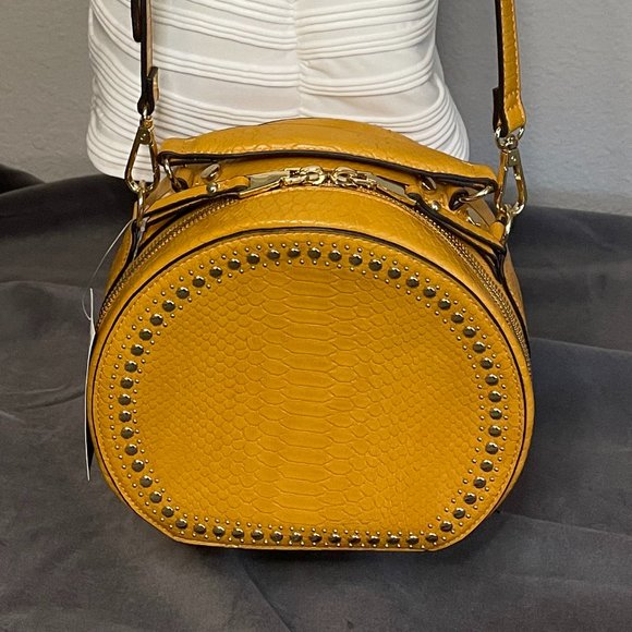 INC International Concepts Yellow Leather Round Box Purse with Adjustable Strap - Picture 7 of 9